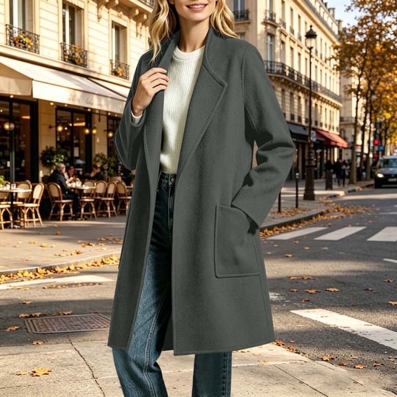 cocolona Trench Coat for Women Open Front Long Sleeve Solid Color Long Jacket Notch Lapel Lined Fall Winter Wool Coat with Pockets