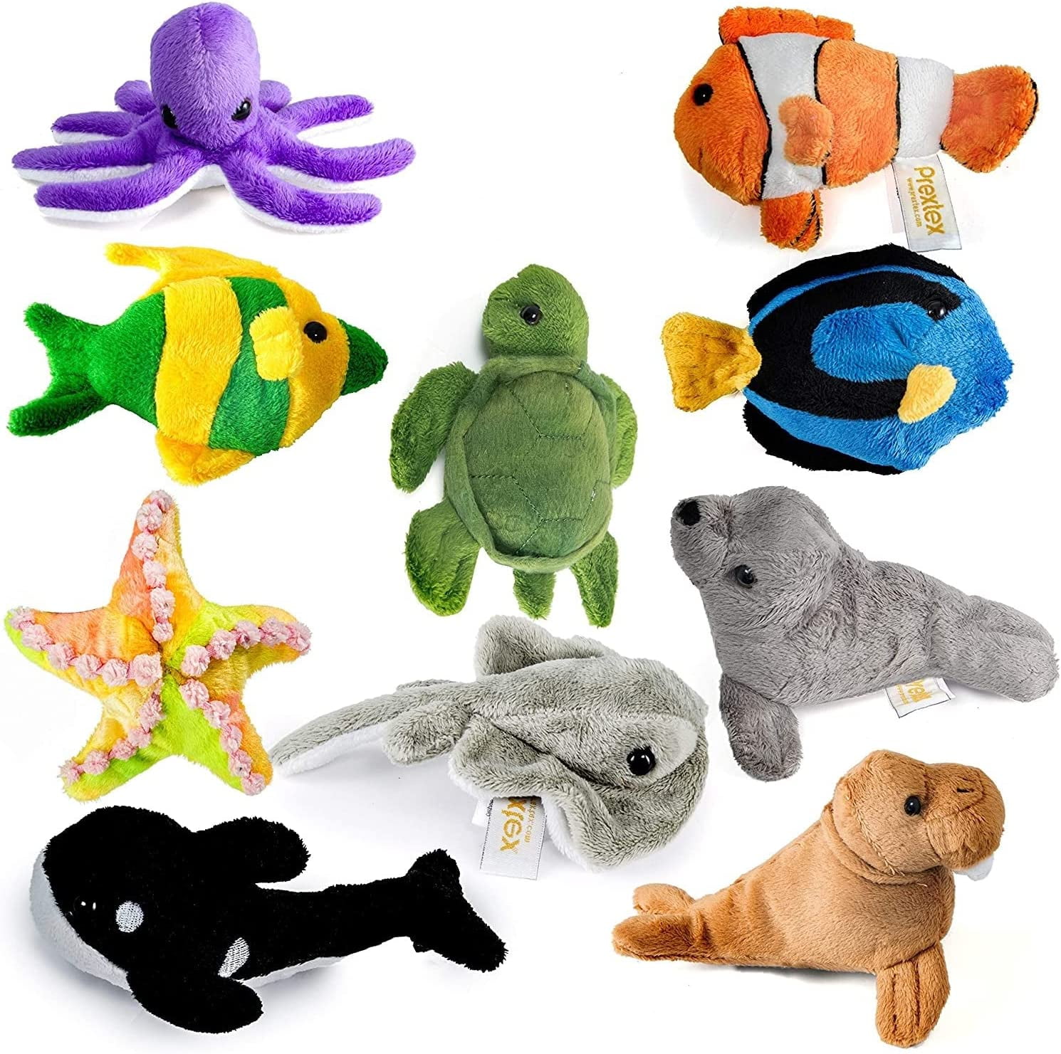 Prextex Plush Soft Stuffed Sea Animals Playset - Plush Sea Life Assortment:  Turtle, Stingray, Nemo Fish, Killer Whale, and More - 10 Piece Set -  