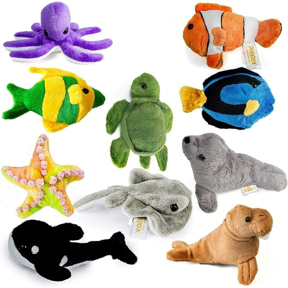 Prextex Plush Soft Stuffed Sea Animals Playset - Plush Sea Life Assortment: Turtle, Stingray, Nemo Fish, Killer Whale, and More - 10 Piece Set