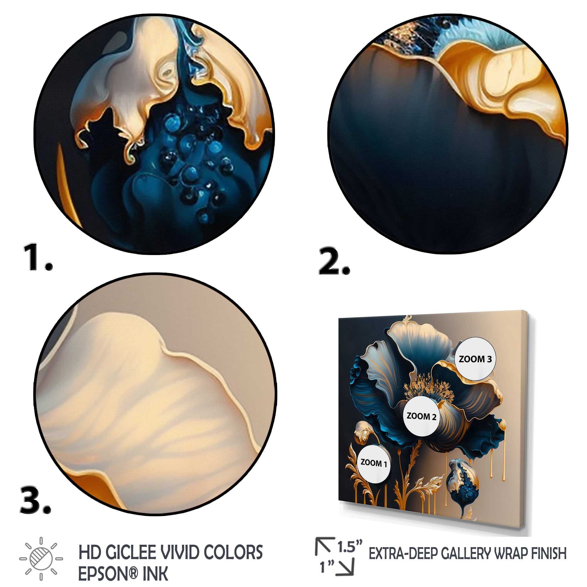 Designart Deep Blue And Gold Single Flower V Canvas Wall Art