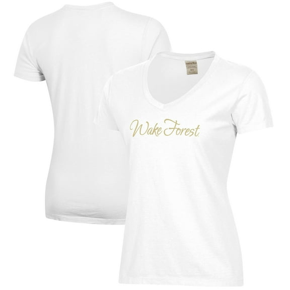 Women's  White Wake Forest Demon Deacons Script Logo Comfort Wash V-Neck T-Shirt