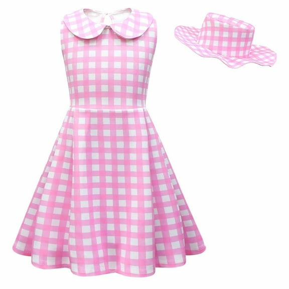 Girl Retro Pink Costume Halloween Plaid Sleeveless Dress Up for 3-9 Year