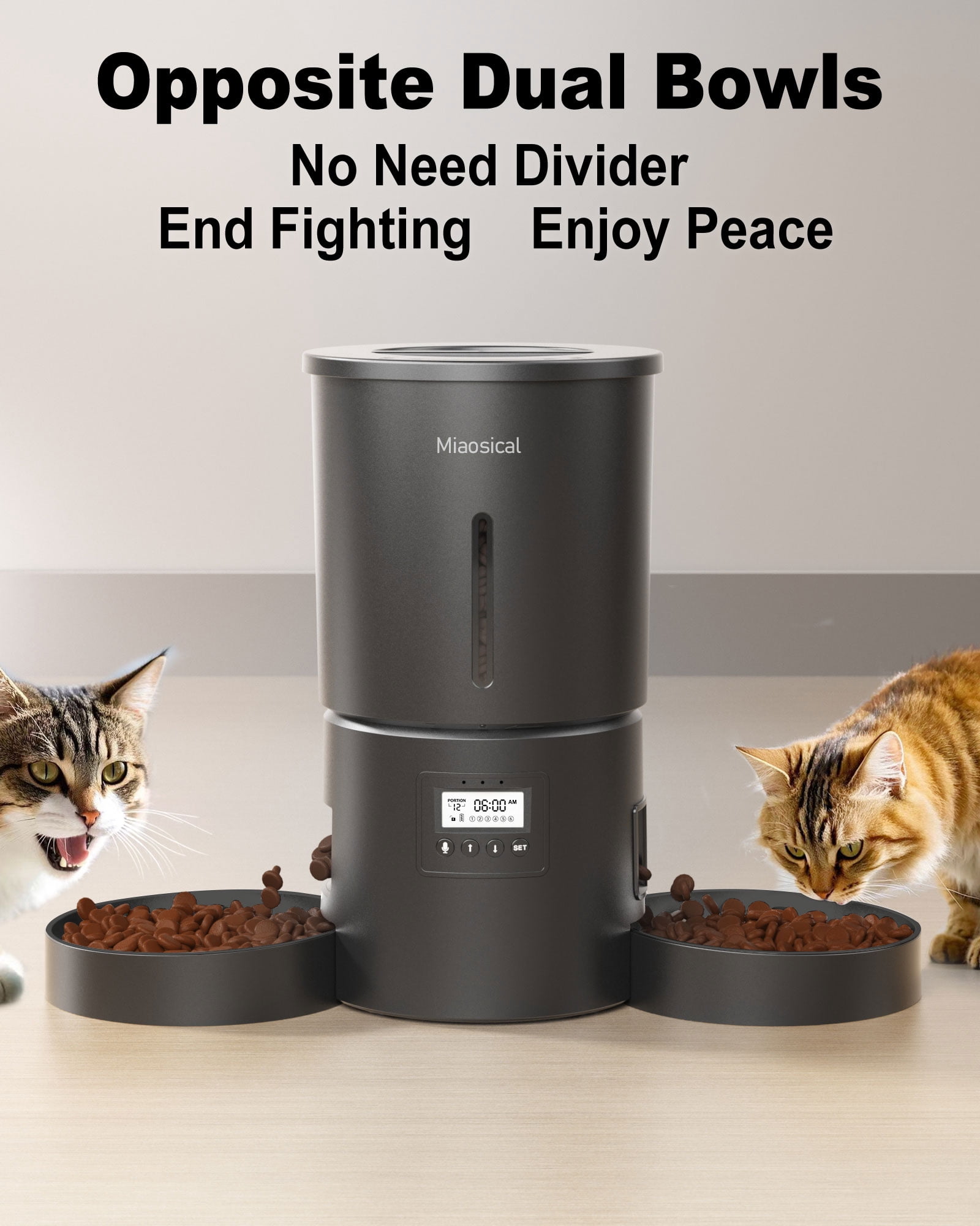 Miaosical Dual Automatic Cat Feeder 2 Cats,6 Meals/Day,12 Portions/Meal,4.2L Dual Power Double Bowls Feeder,Dry Food Auto Pet Dispenser,10S Voice Record,Flexible Schedule Timer