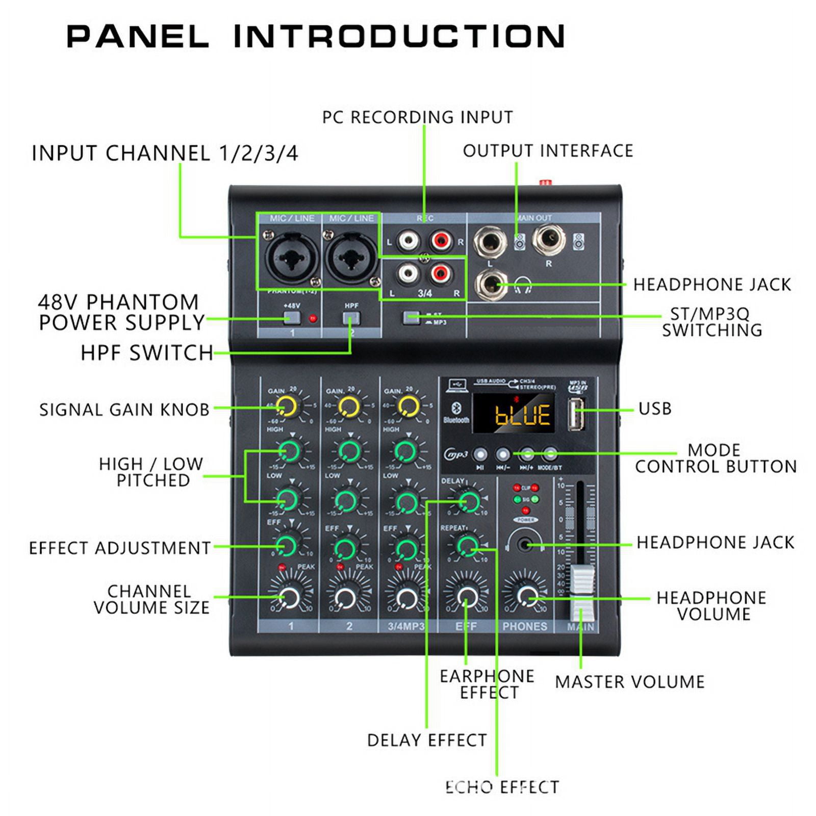 Professional Digital DJ Mixer Console 4 Channel Audio Mixer with USB Port Supports Bluetooth Connection Playback White