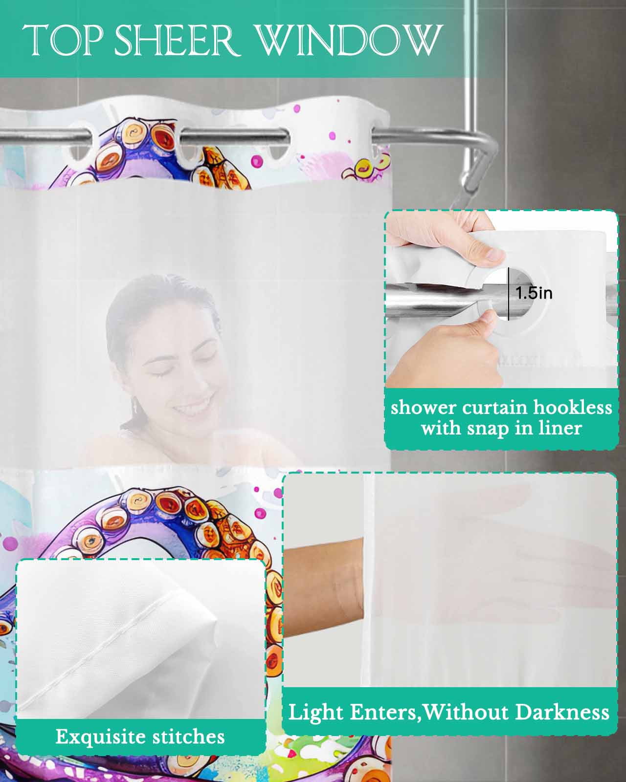 No Hook Shower Curtain with Snap in Liner, Watercolor Summer Ocean Octopus with Ocean Wave Hotel Shower Curtains for Bathroom, Washable Shower Curtain Liner Set with Mesh Top Window, 72"x84"