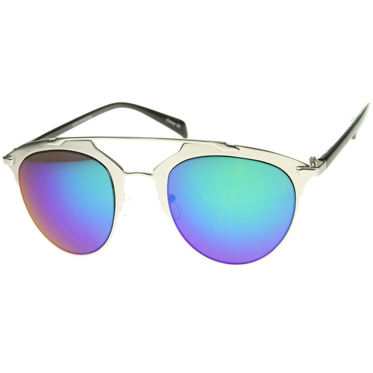 sunglassLA Unisex Modern Fashion Metal Double Bridge Mirror Lens Pantos Aviator Sunglasses Silver Black Green Mirror 50mm