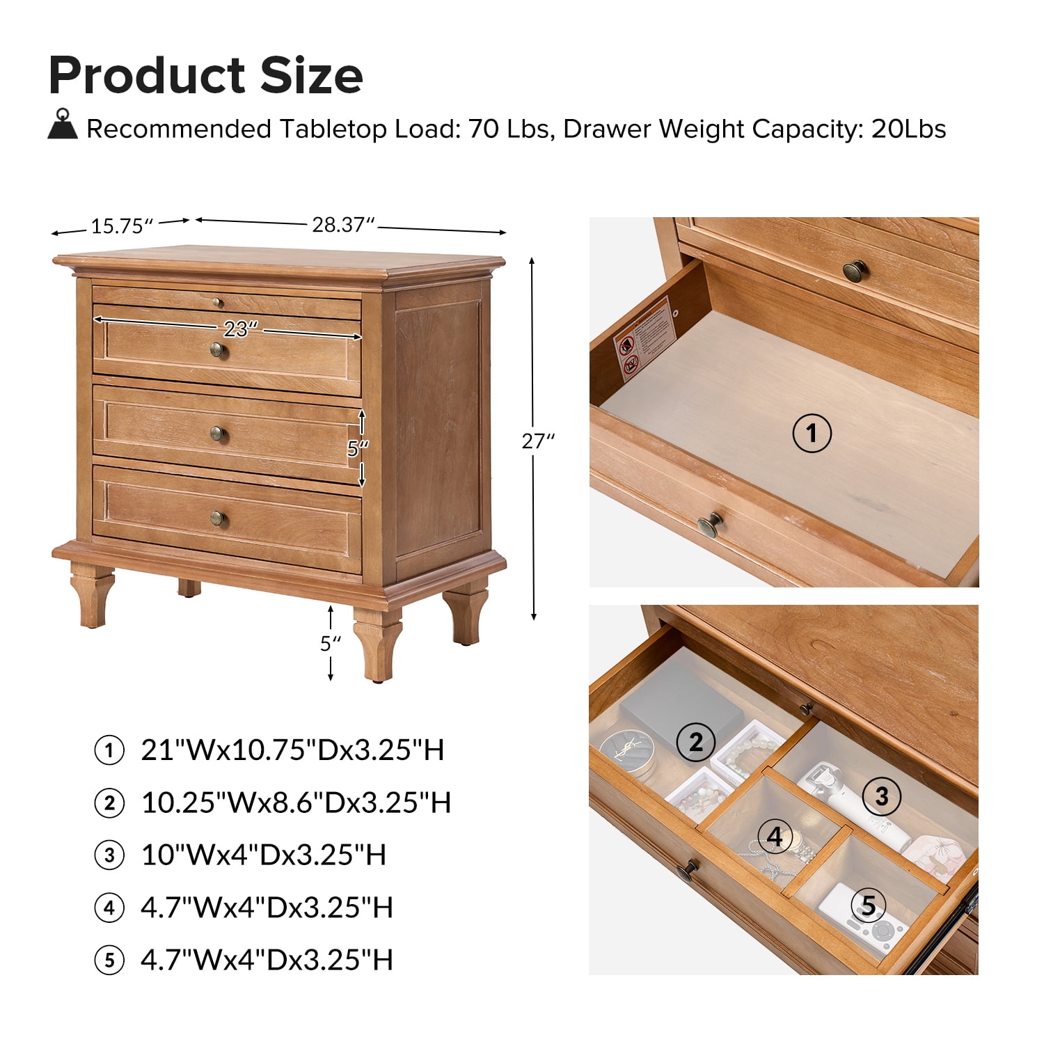 Tina's Home Farmhouse Acorn Soild wood End Table with Charging Station, 3 Drawer Side Table with Pull-Out Tray for Living Room, Small Spaces