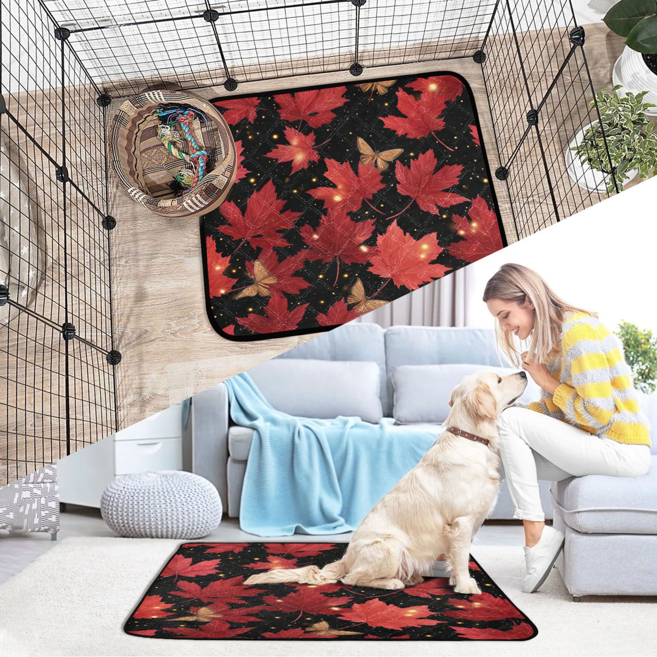 Washable Pet Pee Pads with Super Absorbent Reusable Training Pads for Dogs & Cats Maple Leaves and Fireflies