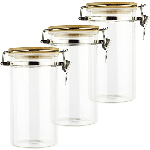 Kzxbty Food Storage Jars with Bamboo Lids Lock Airtight Lids, Glass
