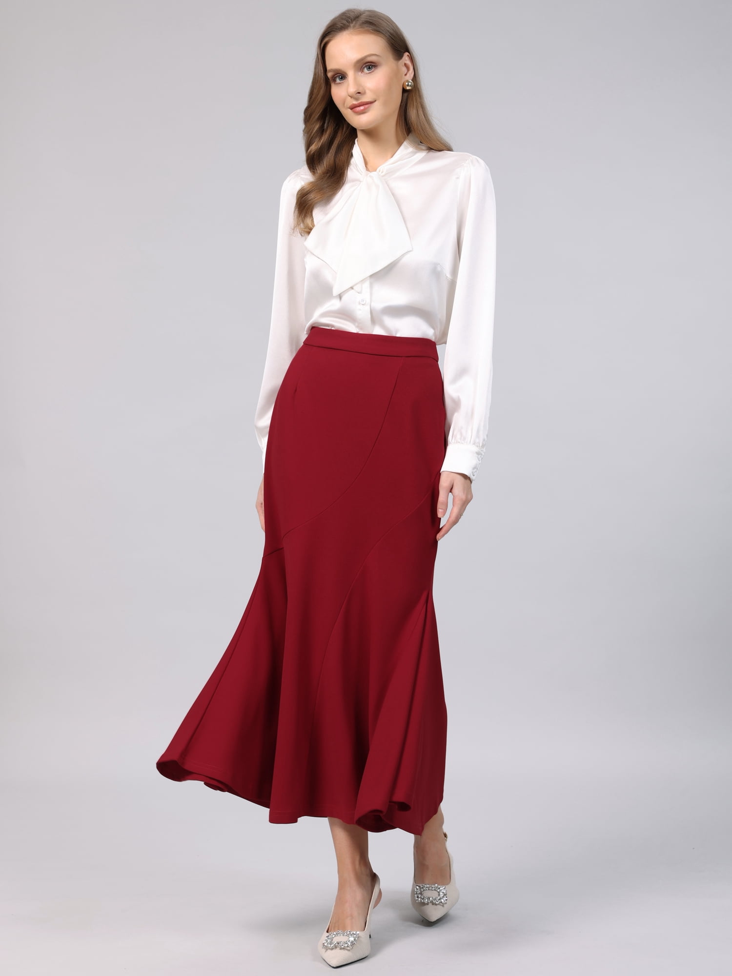 DARING DIVA Women's Fishtail Long Skirt High Work Maxi Mermaid Skirts XL Dark Red