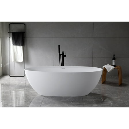 VESPERA 67 in. x 30 in. Stone Resin Luxury Contemporary Solid Surface Freestanding Bathtub in Matte White with Drainage accessories