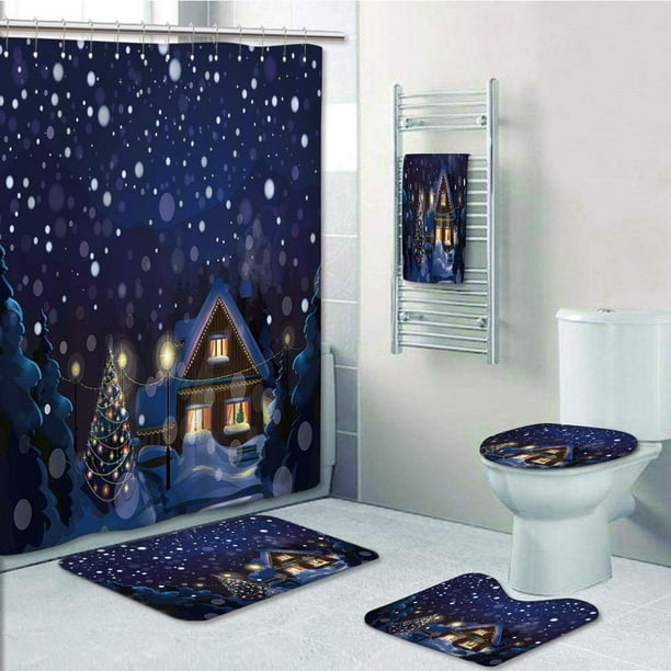 Prtau Christmas Winter Night Country Landscape With Little House Among Pine Trees Snow Navy 5 Piece Bathroom Set Shower Curtain Bath Towel Bath Rug Contour Mat And Toilet Lid Cover Walmart Com