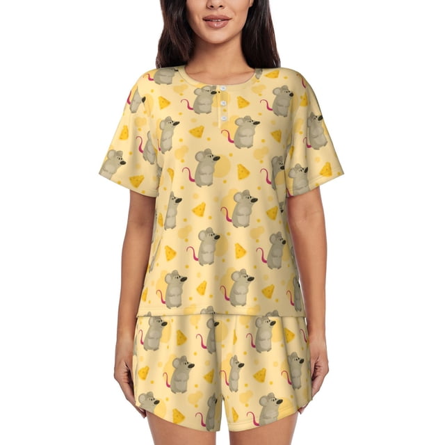 Balery mouse and cheese Conjunto de Pijama para Mujer con Estampado, Dos Piezas de Manga Corta y Shorts, Ropa de Dormir Suave con Cuello Redondo y Bolsillos-Small
