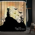 thumbnail image 1 of Cortina de ducha de poliéster con estampado de gatos negros en acuarela, en tonos naranja y amarillo, ideal para Halloween. Incluye 12 ganchos para el baño., 1 of 6