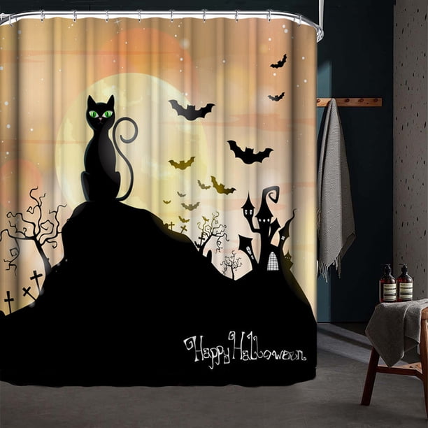 Cortina de Ducha de Poliéster con Estampado de Gatos Negros En Acuarela, En Tonos Naranja y Amarillo, Ideal para Halloween. Incluye 12 Ganchos para El Baño.