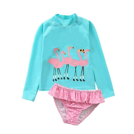 

Ruffled Striped Baby Girl Bikini Two Pieces Long Sleeve Cartoon Print Kids Swimsuit Summer Bathing Suits Toddler Girls Swimwear
