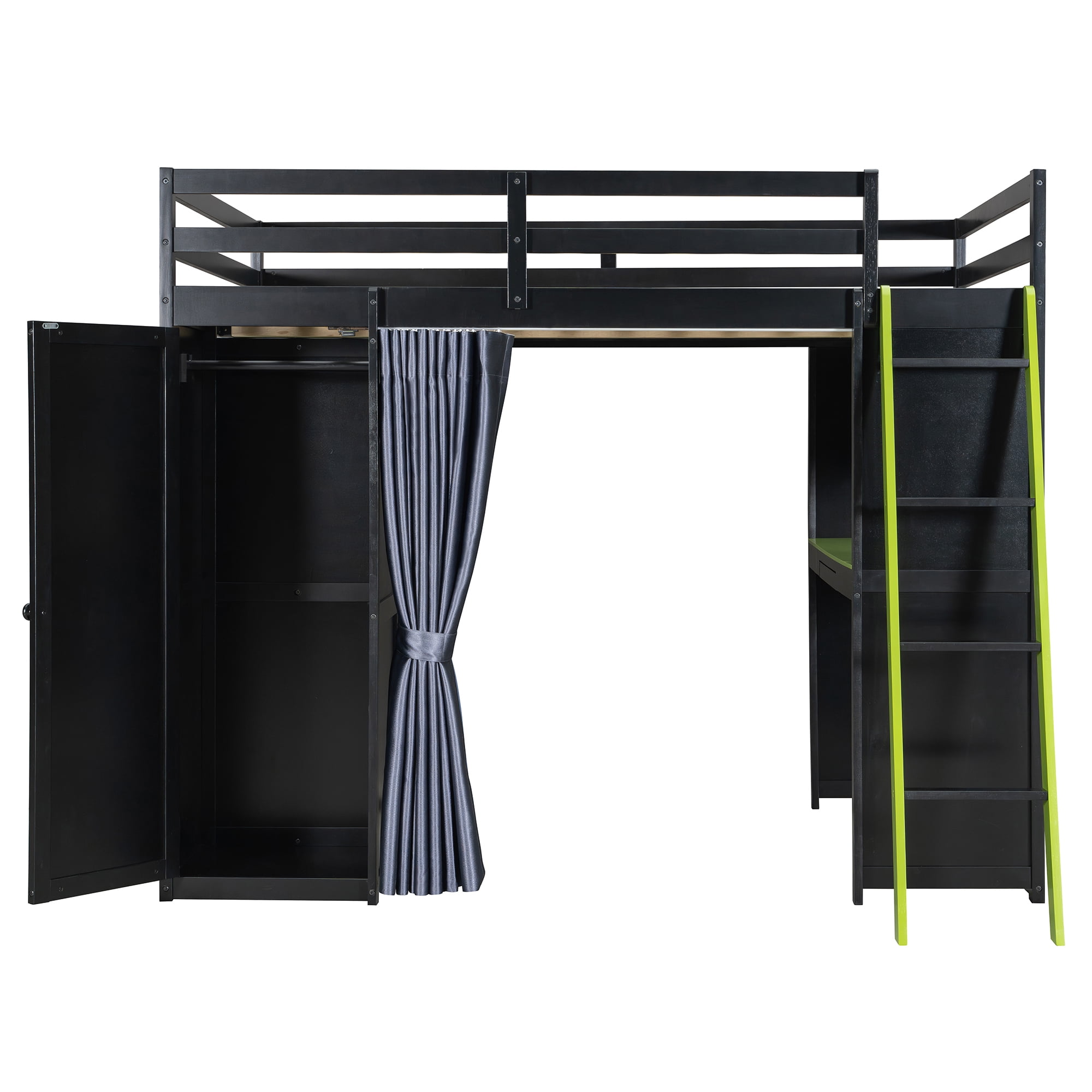 Mintazer Full Size Loft Bed with Wardrobe, Storage Shelves, Desk, Blackout Curtains, Charging Station & Lights Game Bed Frame for Teens, Black & Green