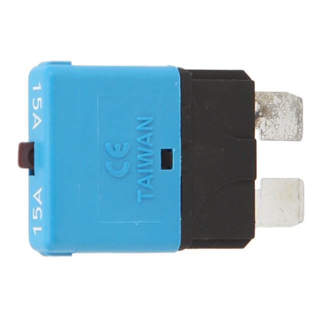 Fusible de cuchilla 15A 5,2 mm Pin Reinicio manual 28 VCC Protector de sobrecorriente de coche resistente al calor azul para automoción