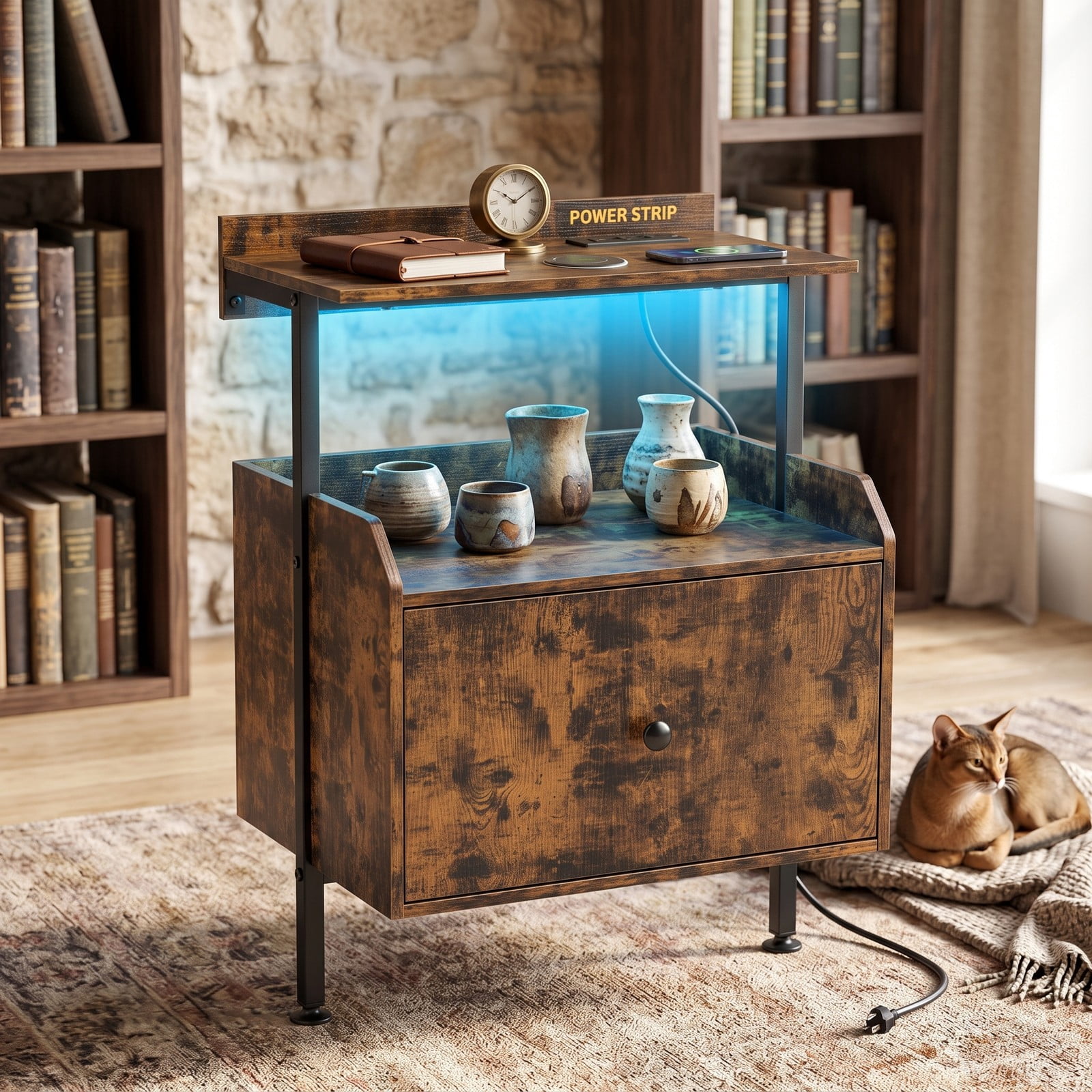 Furnibear Wall-mounted Nightstand with LED Lights and Charging Station, Floating Bedside Table with Open Shelves and Storage Drawer, Rustic Brown