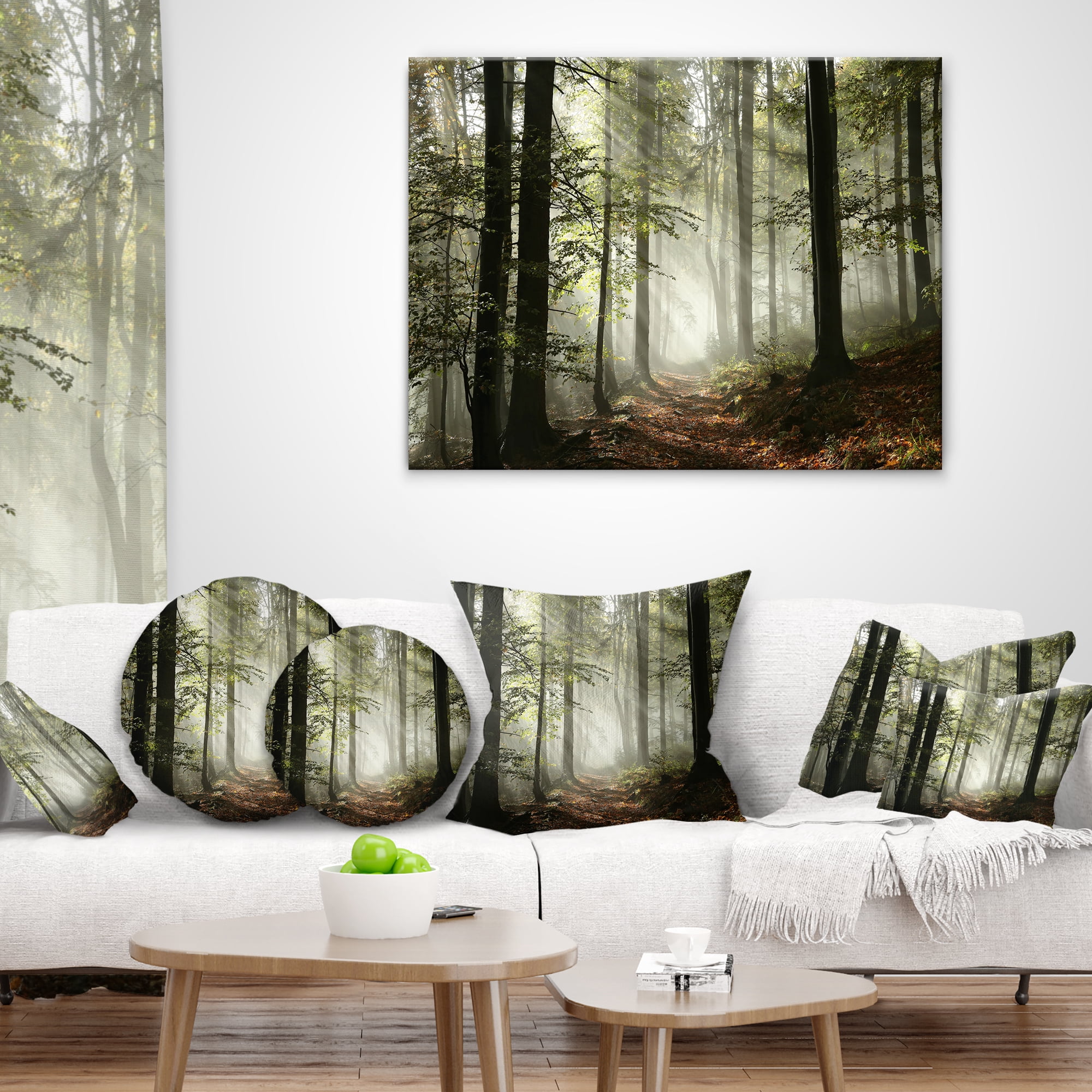 Designart Light in Dense Fall Forest with Fog - Landscape Printed Throw Pillow - 12x20