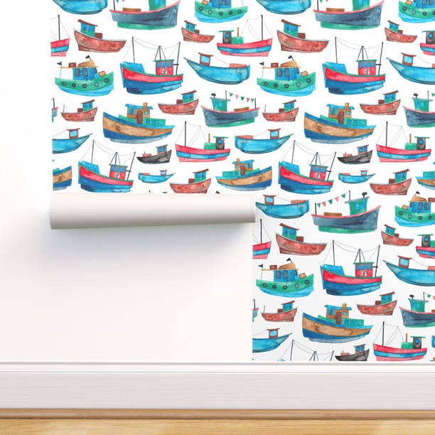 Peel Stick Wallpaper Swatch Red Blue Fishing Boats Boat Ship Nautical Ocean Beach Sea Custom Removable Wallpaper By Spoonflower Walmart Com