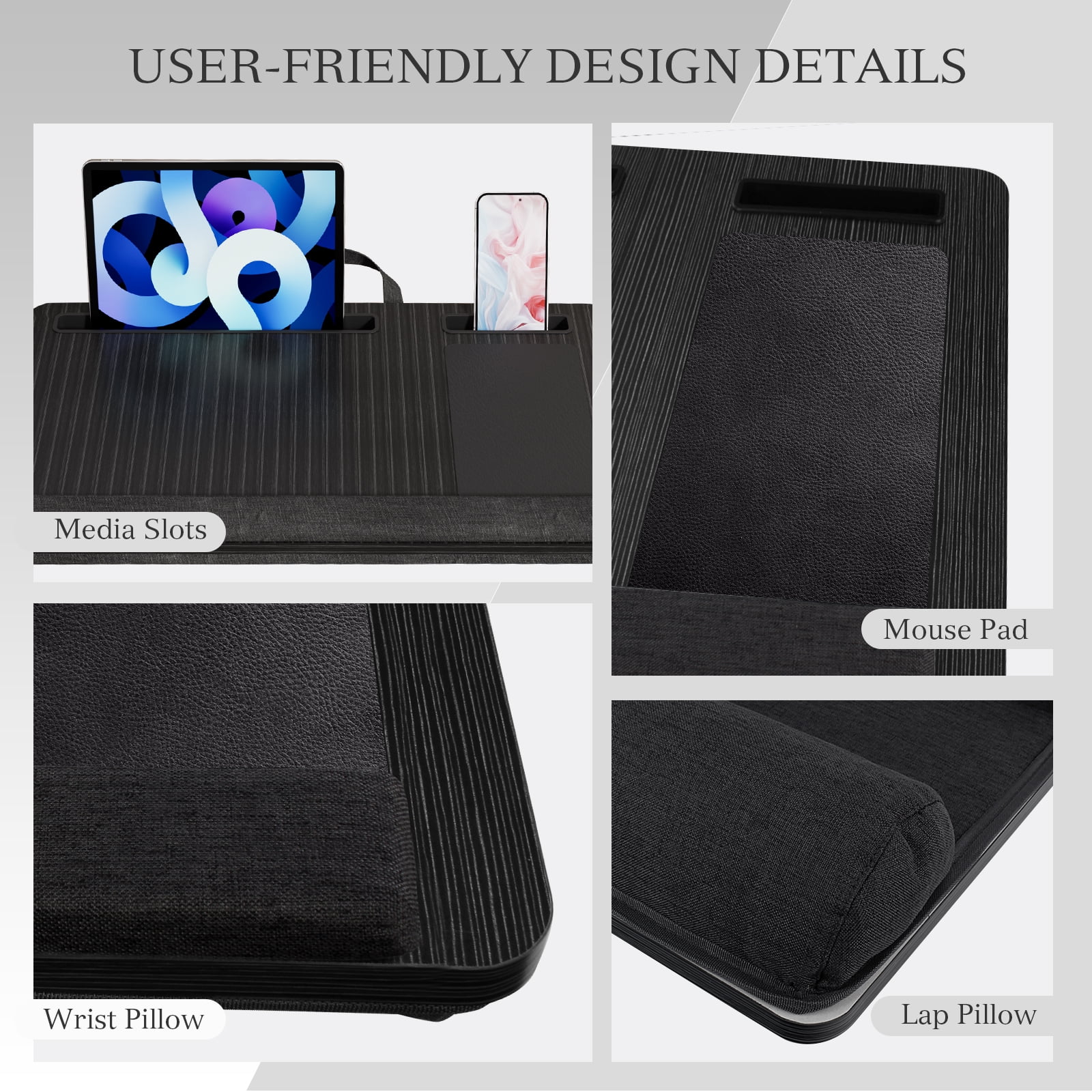 PHANCIR Portable Lap Desk for Laptop, Wood Laptop Bed Table with Handle Fits up to 15.6 inches Laptop Tray with Soft Pillow, Mouse Pad, Wrist Pad & iPad/Phone Slots, Laptop Stand 21.6 x 13.4in-Black