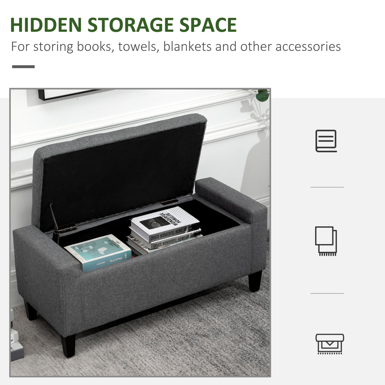 Chair with Storage, Linen Upholstered Ottoman, Tufted Storage Bench for Living Room, Bedroom