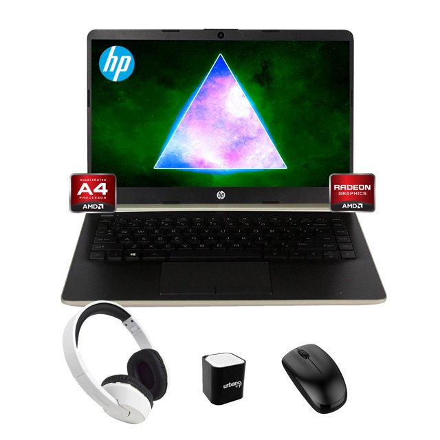 Laptop HP 14 AMD A4-9125 64Gb eMMC 4GB Ram más Audifonos, Mouse y Mini Bocina Urbano To Go - Dorado