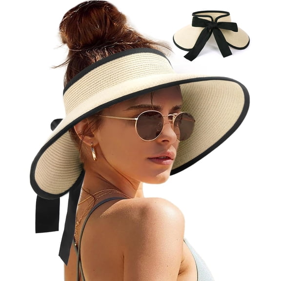 Packable Sun Hat Women Wide Brim Straw Visor Hat, Open Top Ponytail Friendly Adjustable Beach Travel Hat Foldable Summer Sun Protection Visor Cap