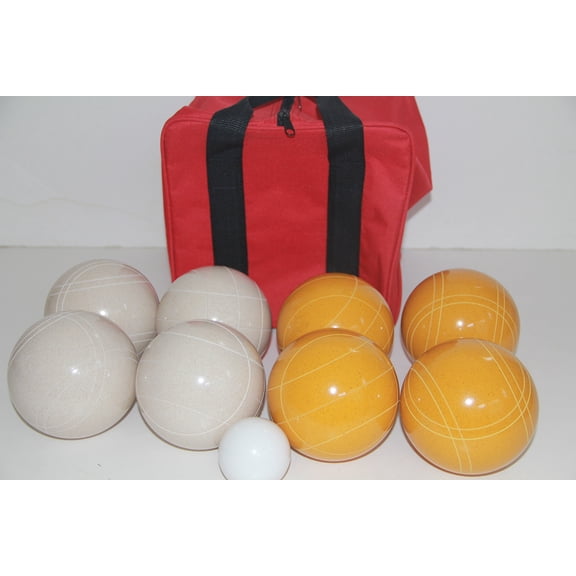 Italian/American Made, 110mm EPCO Bocce Set - Rustic Yellow/White Balls and red/Black Bag