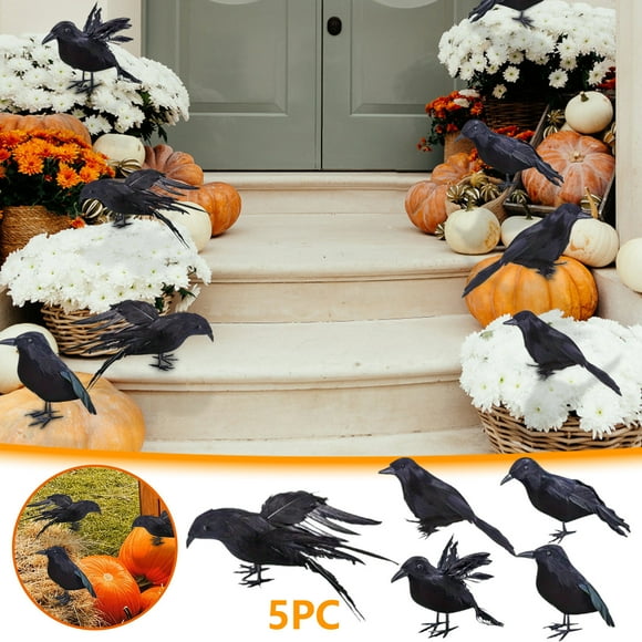 Salebs Halloween Black Feathered Crow Scarecrow Decoys Realistic 5PCS Indoor Outdoor