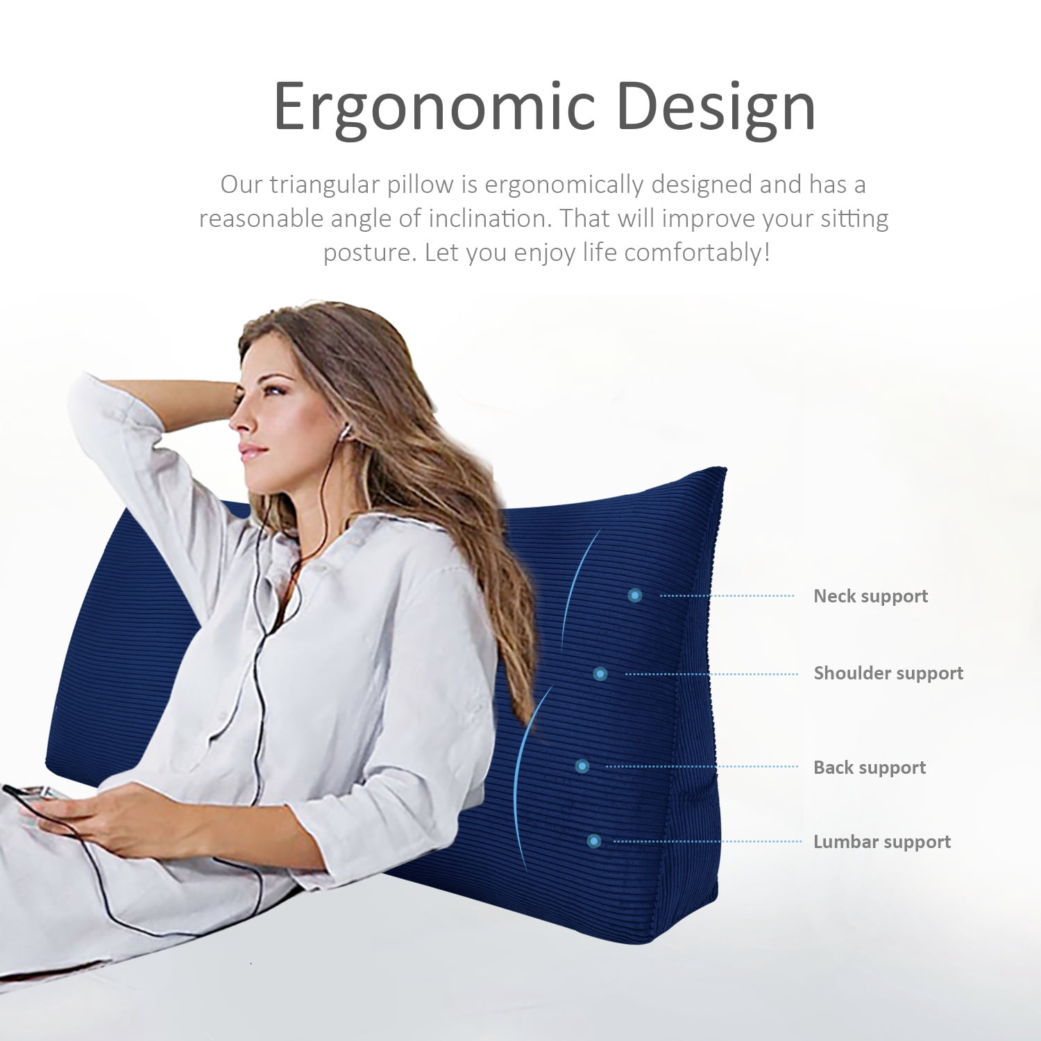 WOWMAX Large Reading Bed Wedge Pillow , Triangular Upholstered Headboard, Backrest Back Support for Sitting Up in Bed With Removable Corduroy Deep Blue Cover, Queen