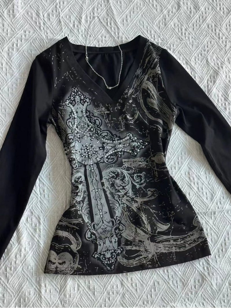 2000s American Vintage Gothic Black Women T-shirts Punk Style