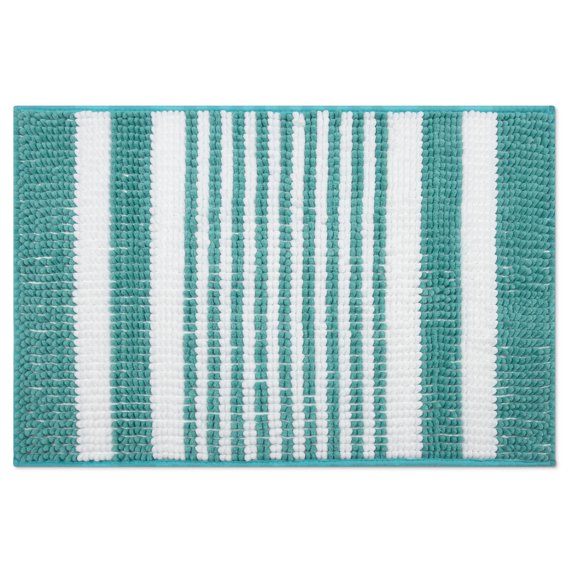 Safdie & Co. Chenille Microfiber Fabric Bath Mat Knitted Striped Aqua/White
