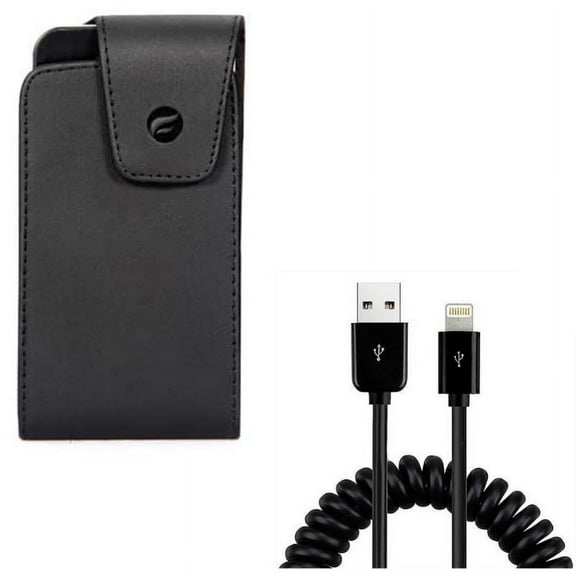 USB Cable w Case Belt Clip for iPhone XS/X - Coiled Charger Cord Power Sync, Leather Swivel Holster Vertical Cover for iPhone XS/X