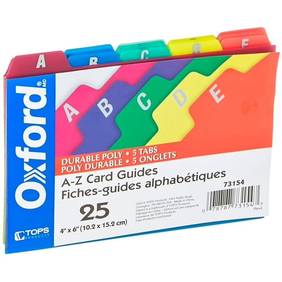 Oxford A-Z Poly Index Card Guides, 4" x 6", 5-Tab, Assorted, 25 Set