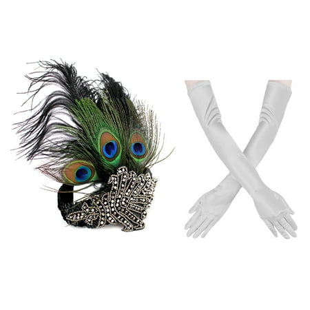 1920s' Vintage Flapper Accessories Costumes Set Peacock Rhinestone Headband, Sliver Gloves for Halloween Gatsby Theme Party New