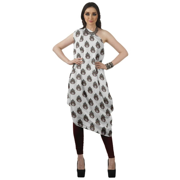 Moomaya Women's Printed One-Shoulder Cowl Kurti Sleeveless Dress Boho Party Designer Clothing