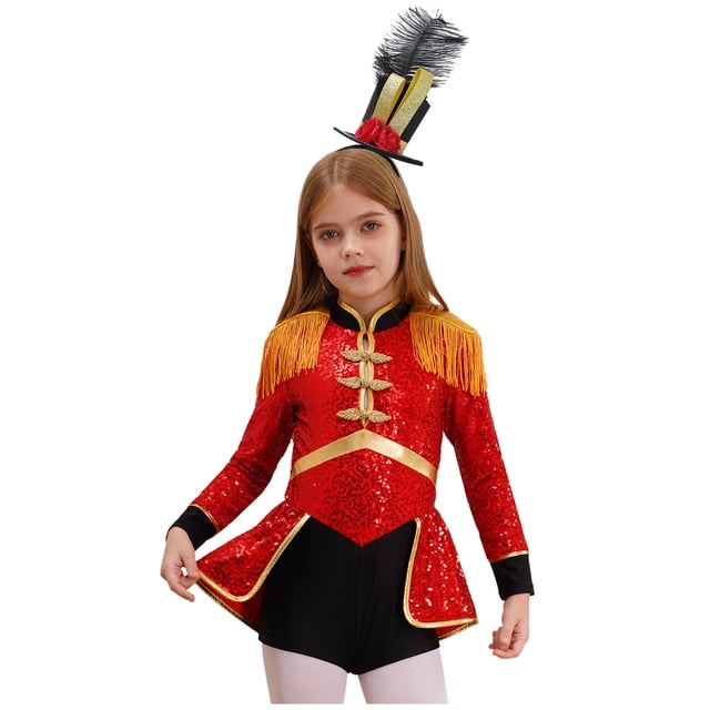 Hansber Enfants Filles Magicien de Cirque Ringmaster Dompteuse de Lions Cospaly Tenues Batteur Fanfare Uniforme d'Équipe Rouge A 8