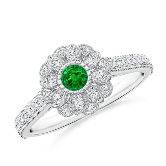 ANGARA Lab Grown Vintage Inspired Emerald Floral Halo Ring with Milgrain for Women in 14K White Gold (Size-3.5mm) | May Birthstone, Anniversary, Jewelry Gift for Women | Lab-Grown Emerald Ring