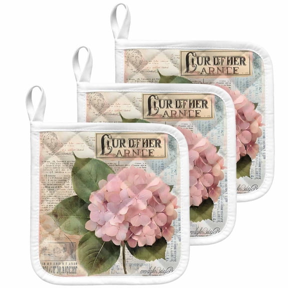 Pink Vintage Floral Pot Holders for Kitchen Heatproof Potholder, 3 Pack Summer Botanical Retro Hot Pads Multipurpose Oven Pads Cloth Potholders Trivet for Cooking Baking