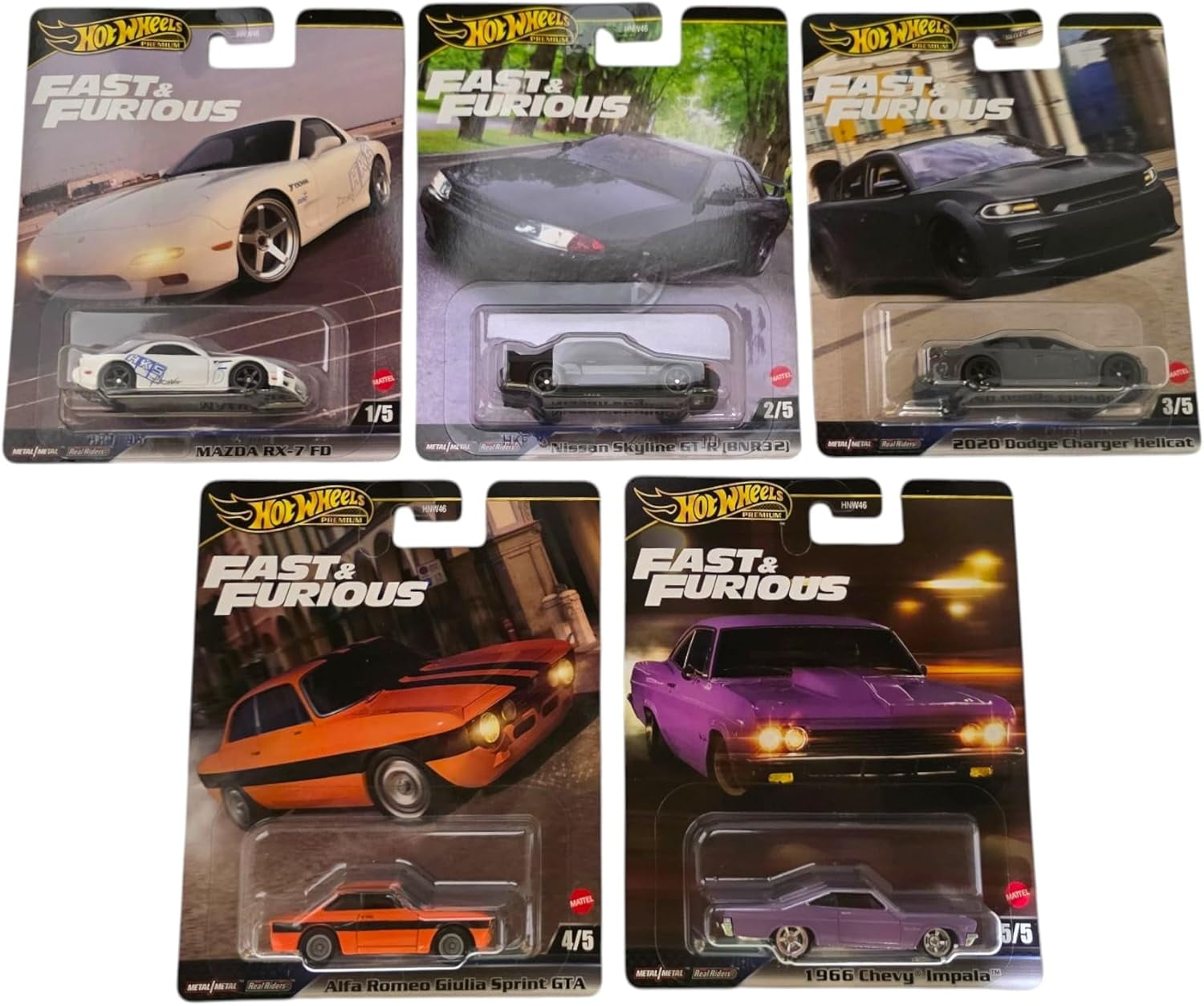 Hot Wheels Fast & Furious Die-Cast Cars Collection, 5-Pack Set, Mazda RX-7, Nissan Skyline, Dodge Charger Hellcat
