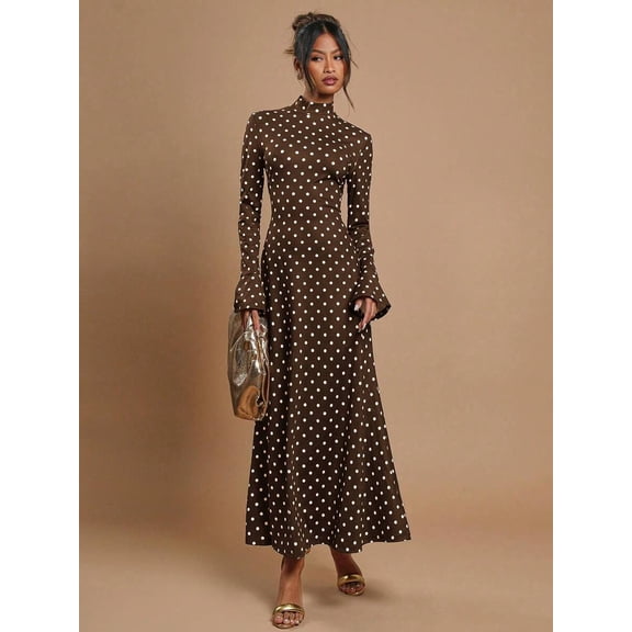 Dark Brown Polka Dot High Neck Flare Sleeve Maxi Dress For Women
