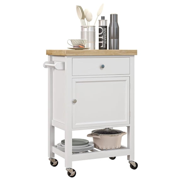 Utility Kitchen Cart, Rolling Kitchen Island with Smooth Rubberwood Top, Narrow Butcher Block Surface on Wheels with Storage Drawer & Cabinet, White