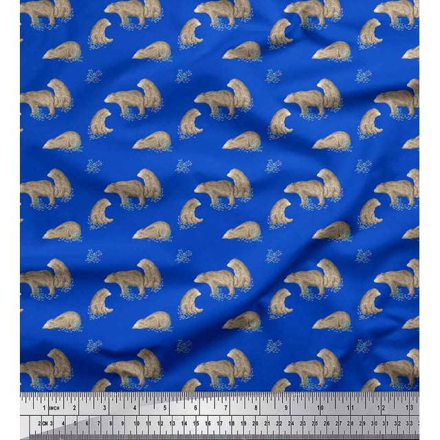 Soimoi Blue Poly Georgette Fabric Bear Animal Decor Fabric Printed Yard 42 Inch Wide