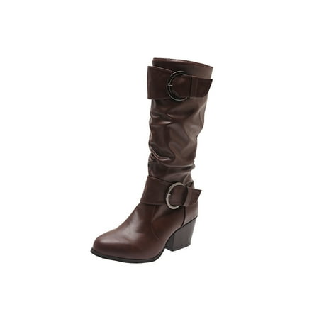 

Avamo Womens Riding Boot Chunky Slouch Bootie Tall Fashion Boots Party Booties Work Comfort High Calf Winter Shoes Dark Brown 9