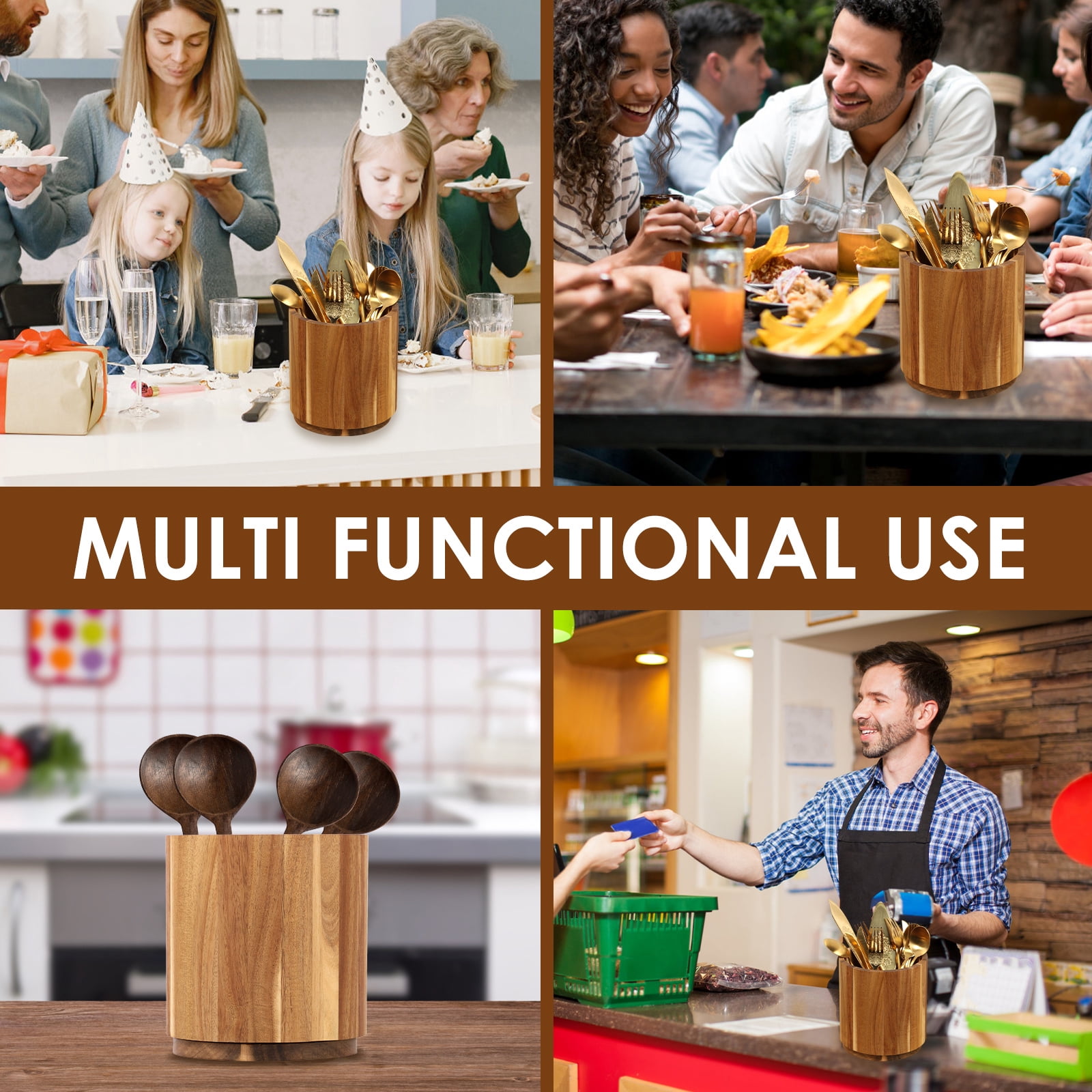 LINFANG 360° Rotating Utensil Holder Large Capacity Utensil Caddy Wooden Countertop Cutlery Silverware Caddy Holder