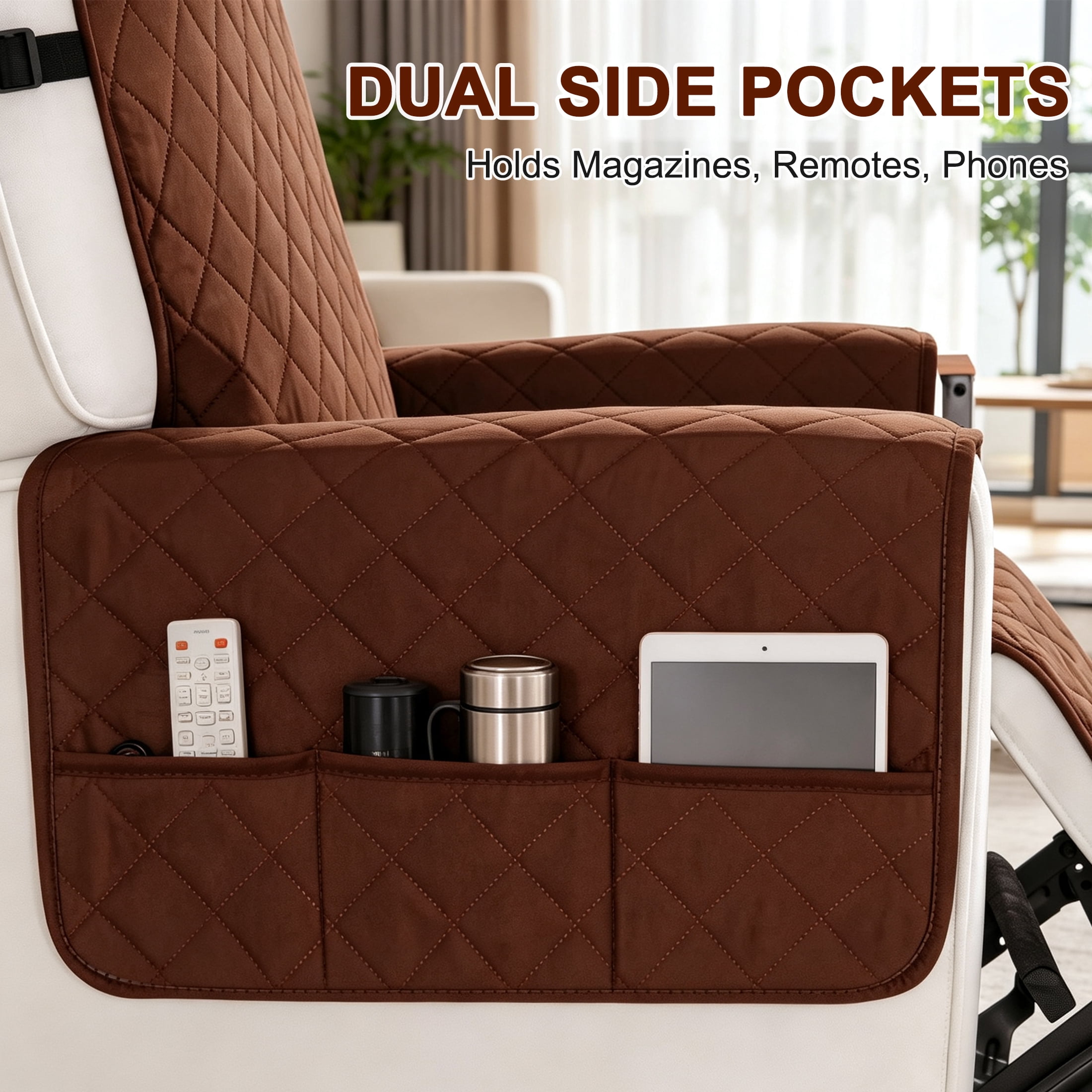 GARITIN Recliner Chair Cover, Non‑Slip Quilted Recliner Protector with Storage Pockets, Water Resistant Pet Furniture Slipcover