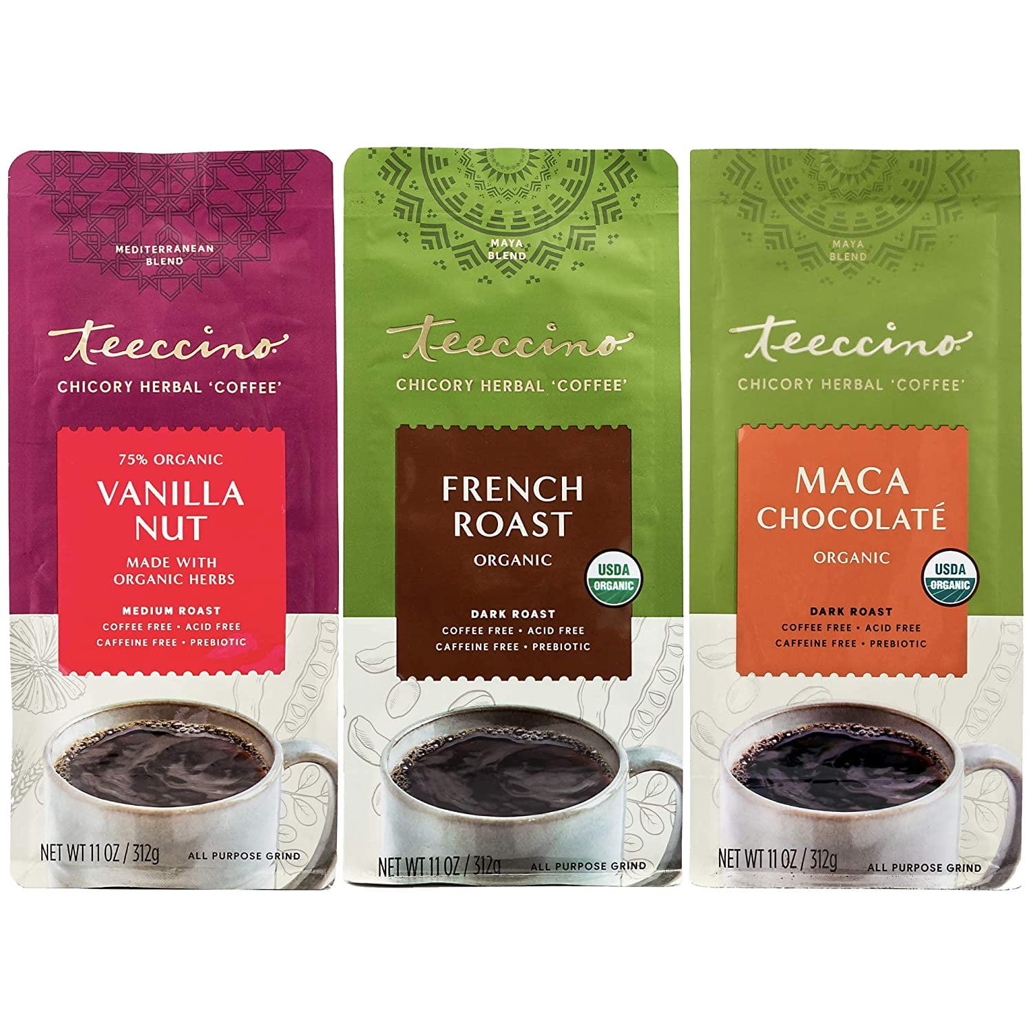 Teeccino Herbal Coffee Variety Pack Vanilla Nut, French Roast, Maca Chocolaté Ground Herbal