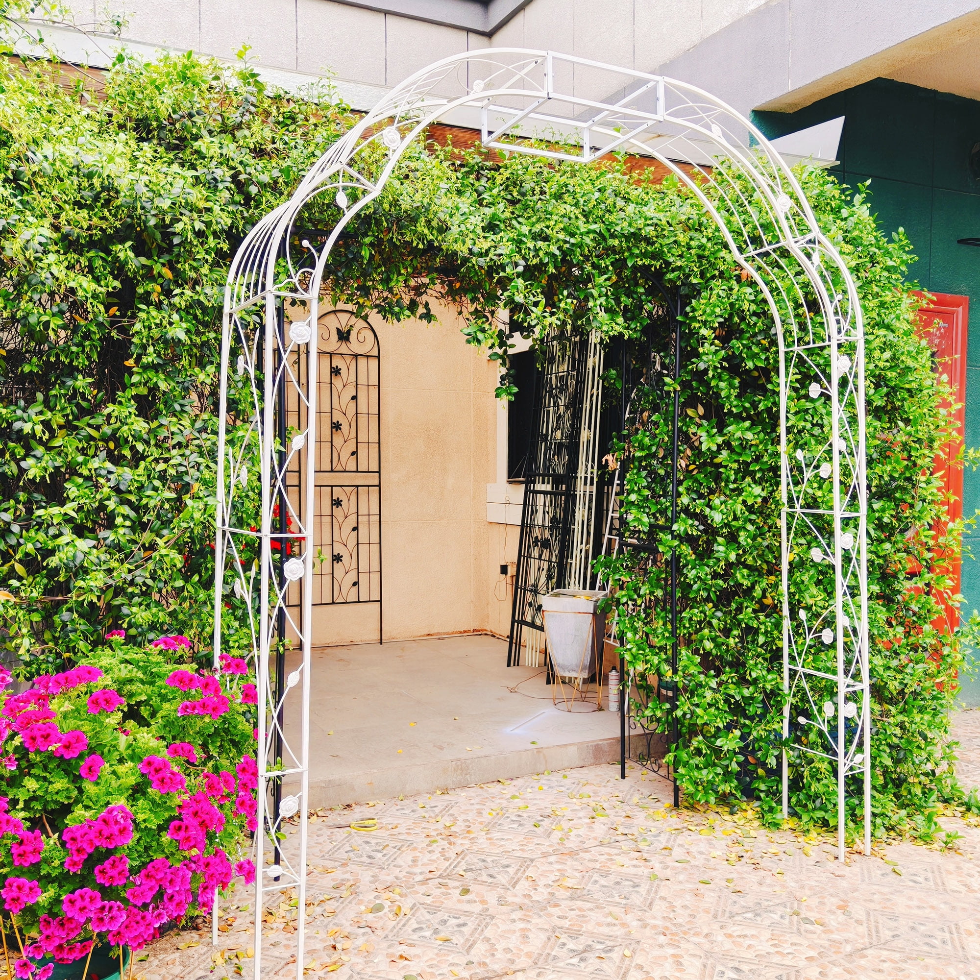 Metal Garden Arch W74.4" x H98.4" Garden Arbor Trellis Climbing Plants Support Rose Arch Outdoor Arch Cream White